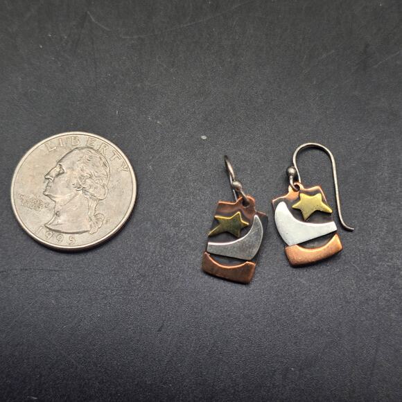 Far Fetched Copper and Sterling Celestial Earrings Moon Stars Dangle Drop - Picture 4 of 6